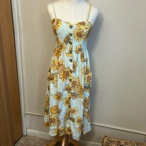 Light blue and sunflower button front midi dress with patch pockets